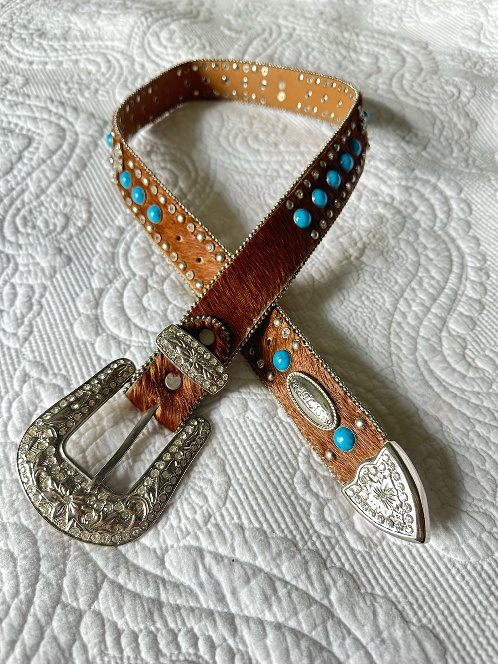 Western Rodeo Brown Hair-On Leather Belt with Turquoise Studs & Rhinestones